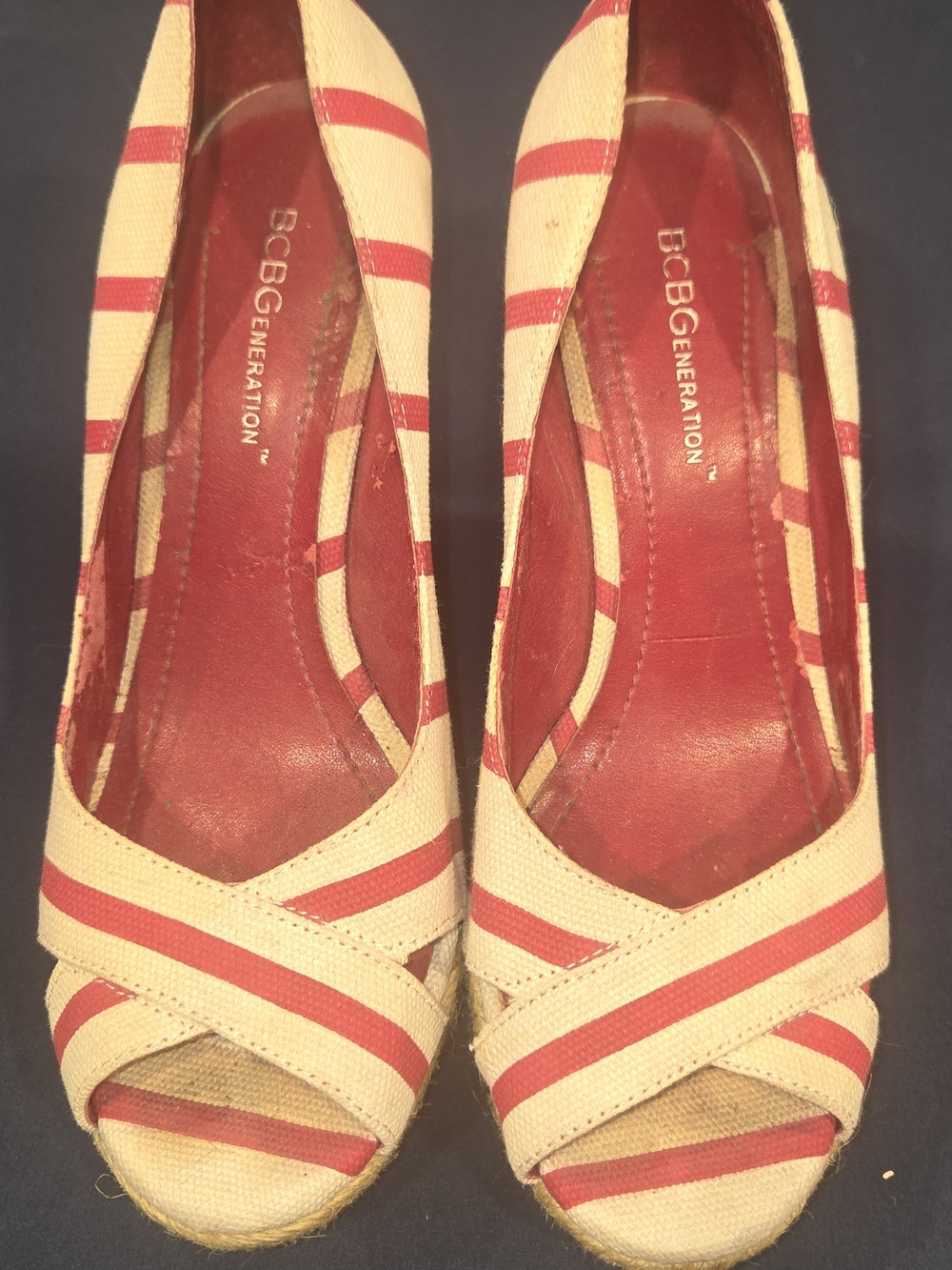 BCBGeneration Red and Cream Striped Peep-Toe Wedge Sandals